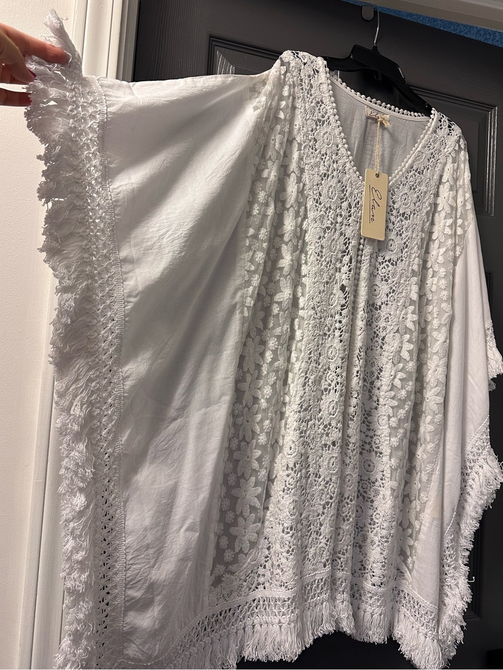 Elan White Crochet and Lace Boho Fringe Swim Coverup OS (S, M, L) - Picture 4 of 16